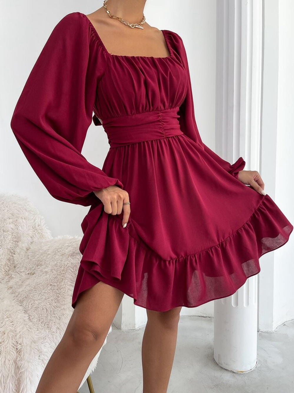 SHEIN Burgundy Square Neck Ruffle Mini Dress